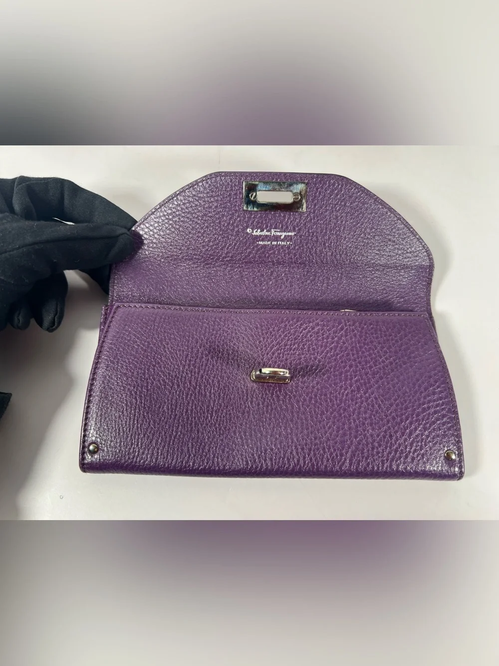 1039: Salvatore Ferragamo Gancini Continental Wallet Purple Leather
